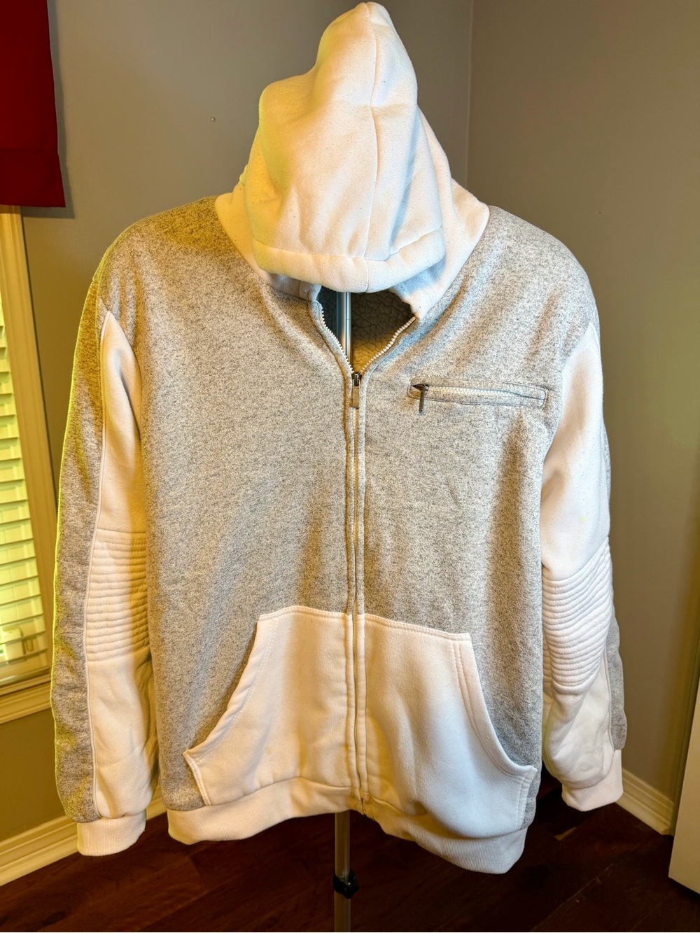 Men's Two-Tone Gray and White Full-Zip Hooded Sweater